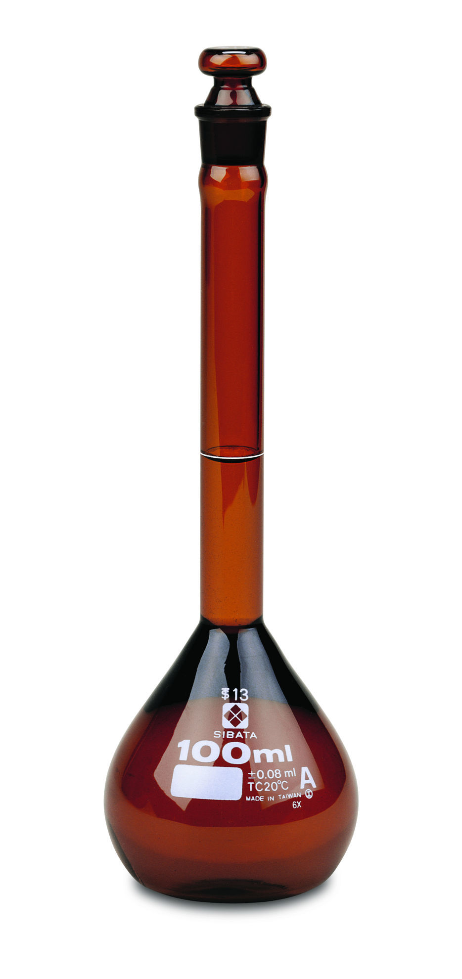 Picture of Sibata Class A Amber Glass Volumetric Flasks w/Glass Stopper